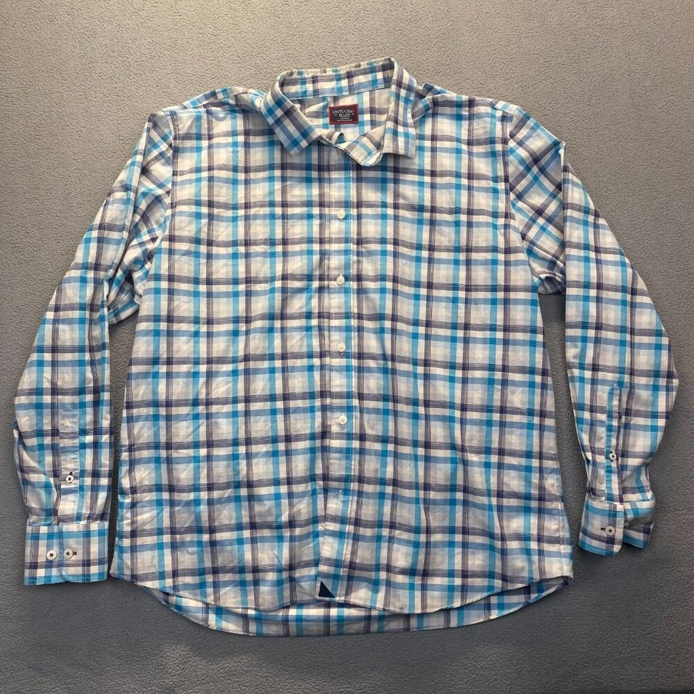 UNTUCKit Shirt Mens Size XXL Blue White Plaid Long Sleeve Button Up Wrinkle Free